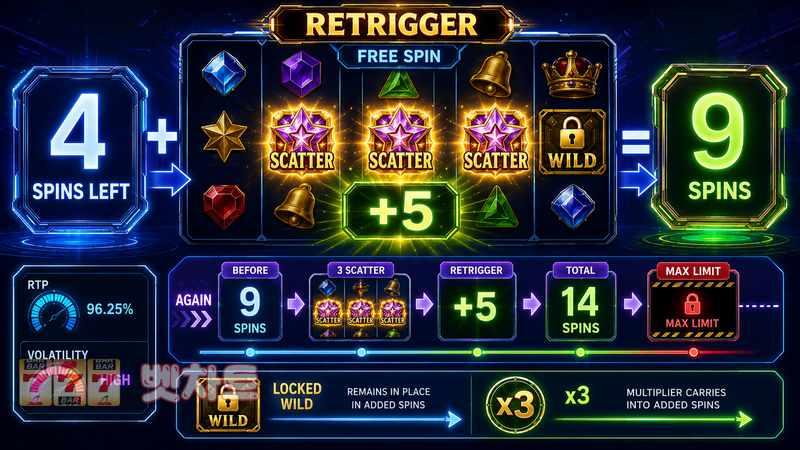 슬롯 게임의 리트리거(Retrigger)는 프리 스핀 횟수를 어떻게 늘릴까?
