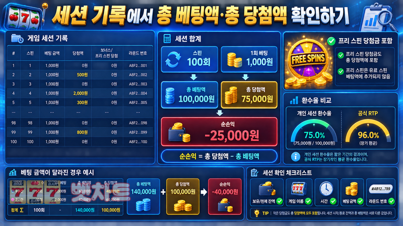 슬롯 게임의 세션 기록에서 총 베팅액과 총 당첨액을 확인하는 방법