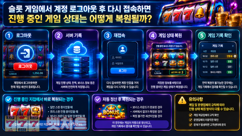 슬롯 게임에서 계정 로그아웃 후 다시 접속하면 진행 중인 게임 상태는 어떻게 복원될까?