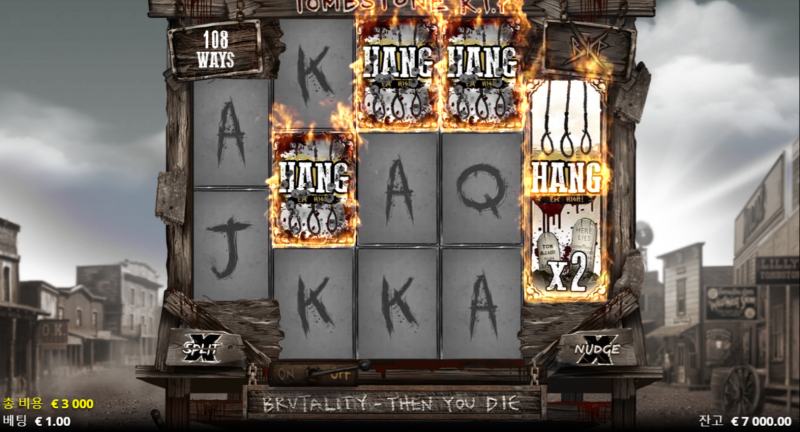 Tombstone R.I.P. 슬롯의 HANG Scatter와 Boothill 보너스 진입 화면